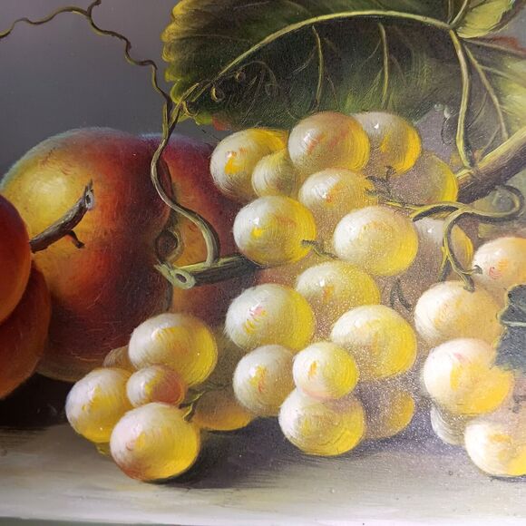 Vintage Still Life Fruit Painting On Board Dark Moody Peaches Grapes 8" x 10" - Picture 11 of 16